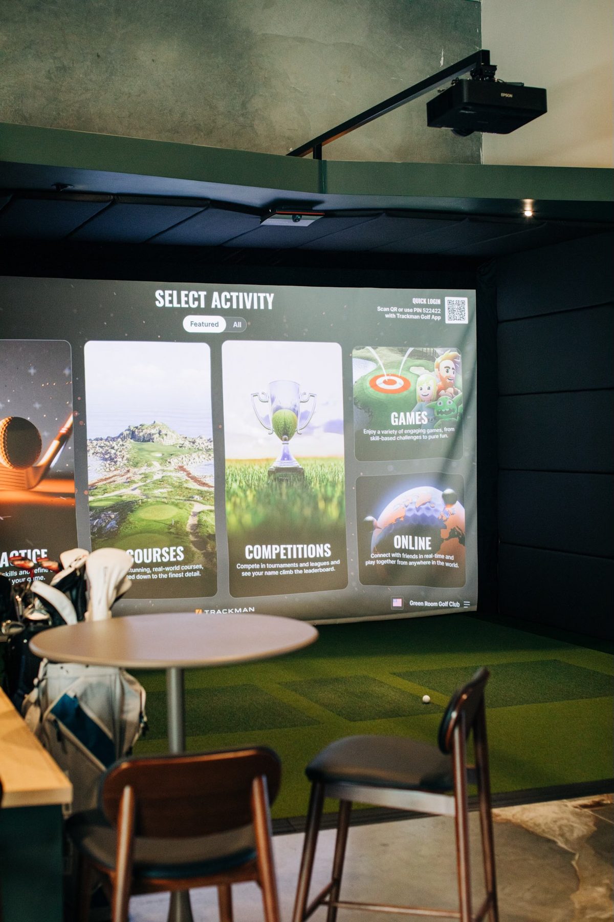 A Green Room bay with the activity menu on screen